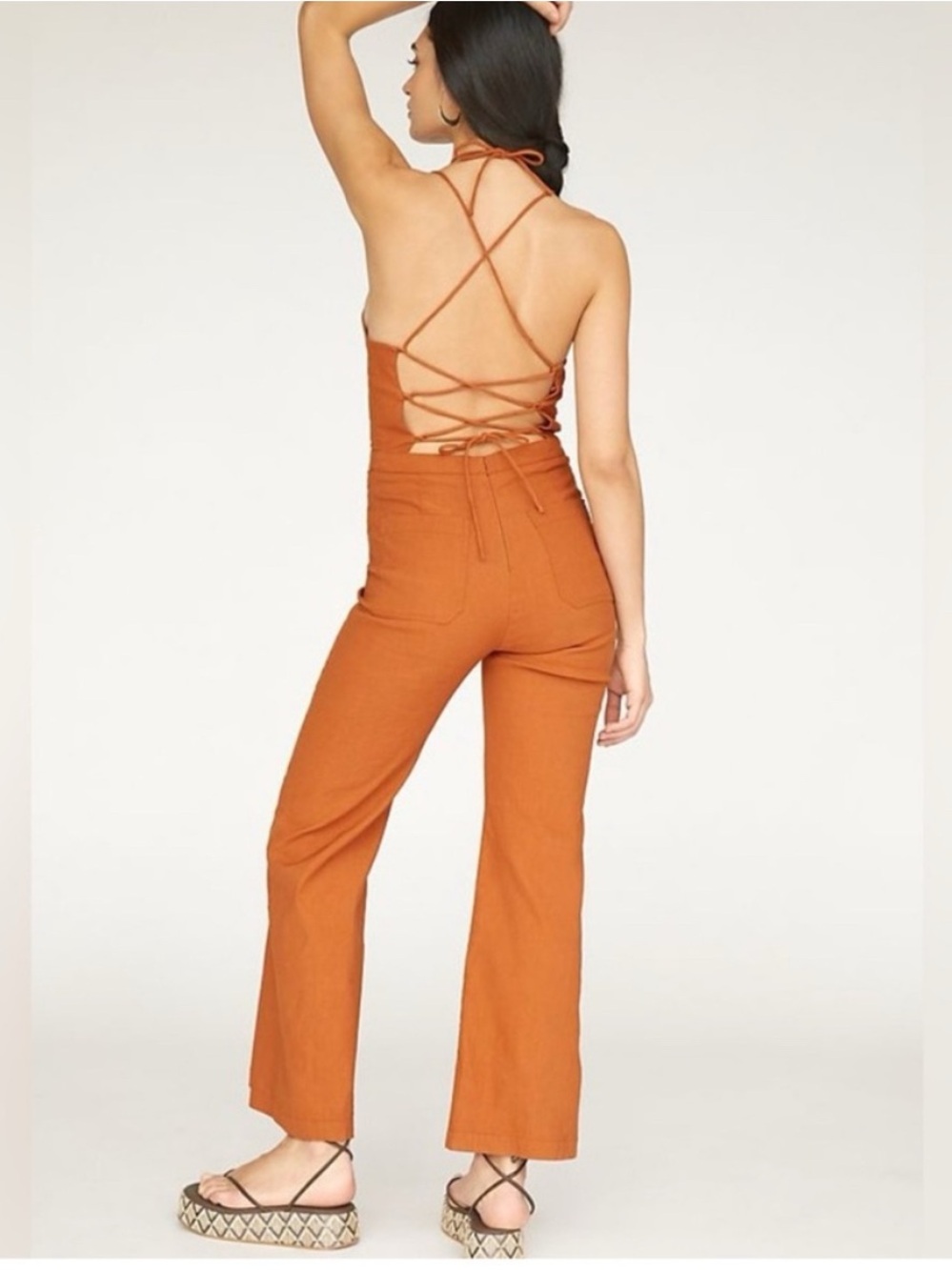 Maeve Rust-Orange Spaghetti-Strap Wide-Leg Jumpsuit - Picture 2 of 8
